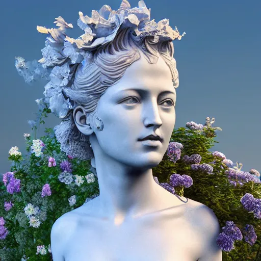 Image similar to an idealistic marble statue with flowery hair in a fractal garden, unreal engine, 8k render, beautiful, full frame,