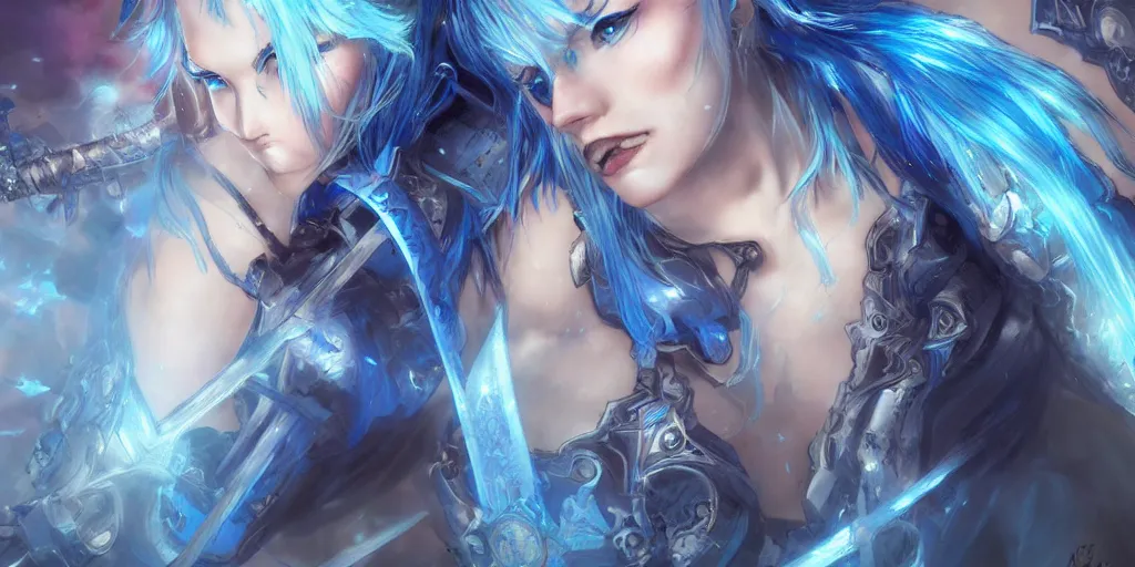 Image similar to the beautiful girl blue hair dances with electricity, her sword a blade made of light, her armor gleams with power, her blue eyes gazed upon the horde of monster in front of her fearlessly, digital art, official, intricate detail, by artgerm