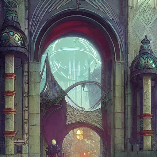 Image similar to immense art deco archway leading into byzantine arcology with studio ghibli wooden homeless medieval Hong Kong built into it, science fiction concept art by greg rutkowski and wayne barlowe and alphonse mucha