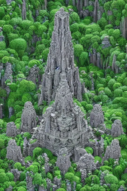 Image similar to ancient fractal temple, altar, primordial diamond radiating - sharp focus view of a megastructure in the hanging gardens of a radiant forest jungle, overgrown garden, scanned earth terrain fractal bridges, highly detailed erosion algorithm landscape, by albert bierdstat, by glenn small, high resolution, 8 k photorealism, god rays in volumes of fog, looking up perspective