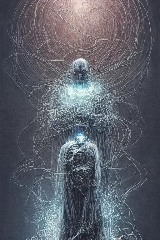 Prompt: painting of a cloaked tech priest holding a book, cybernetic enhancements attached to his body, covered in wiring, Zdzislaw Beksinski, Lewis Jones, mattias adolfsson, Warhammer 40K!!, cold hue's, cold tone gradient background, concept art, digital painting