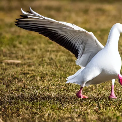 Prompt: dramatic shot of a white goose attacking a plastic goose