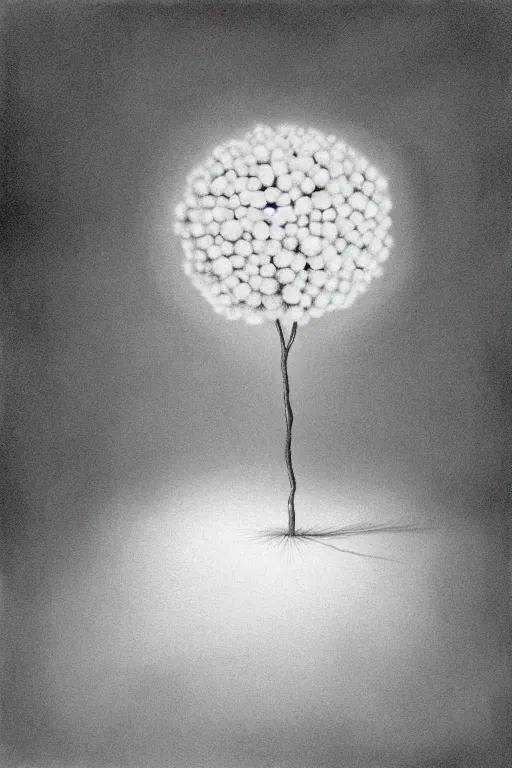 Image similar to a pompom tree, low angle photography, digital illustration by chris van allsburg and artgerm, surreal, photorealistic, award winning