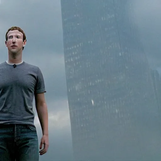 Prompt: Movie still of Mark Zuckerberg on top of skyscraper in King Kong (2005)