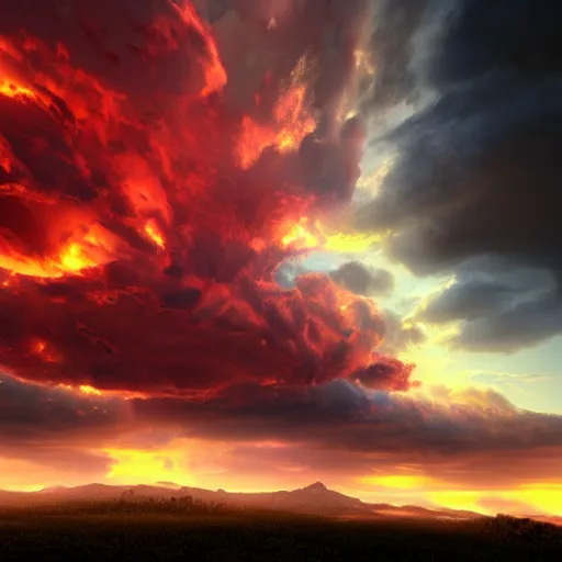 Image similar to burning clouds, thunder, 4k, post-processing, very very detailed, artstation, cute