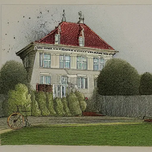 Image similar to white old dutch house, lush garden next to highway, drawing by moebius