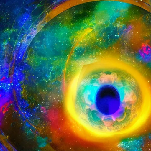 Image similar to abstract artwork of a black hole inside a golden dodecahedron, a blue and green nebula in background