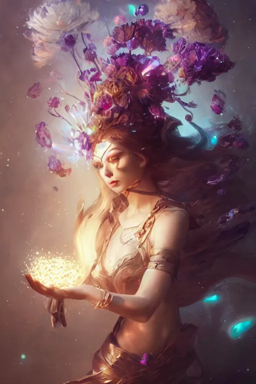 Image similar to beautiful girl necromancer covered with crystals exploding space, 3 d render, hyper realistic detailed portrait, holding magic flowers, ruan jia, wlop. scifi, fantasy, hyper detailed, octane render, concept art, peter mohrbacher