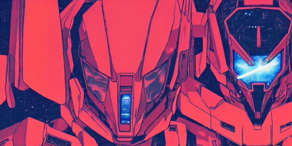 Image similar to risograph grainy painting of gigantic huge evangelion - like gundam mech face with a lot of details and lasers covered ooze, by moebius and dirk dzimirsky and satisho kon, close - up wide portrait