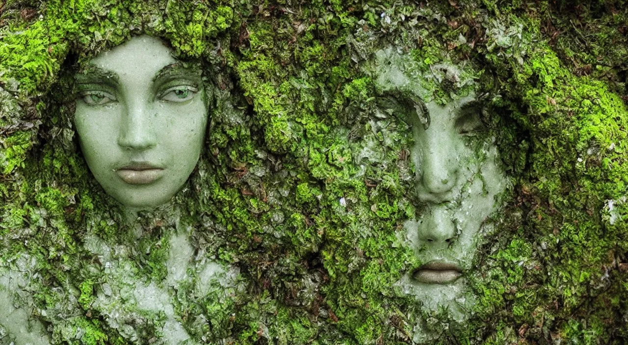 Prompt: Moss-covered Gaia goddess shedding a single tear