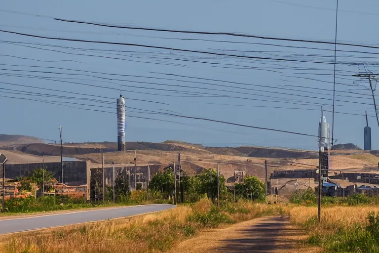 Image similar to a road next to warehouses, and a hill background with a radio tower on top, 3 0 0 mm telephoto lens