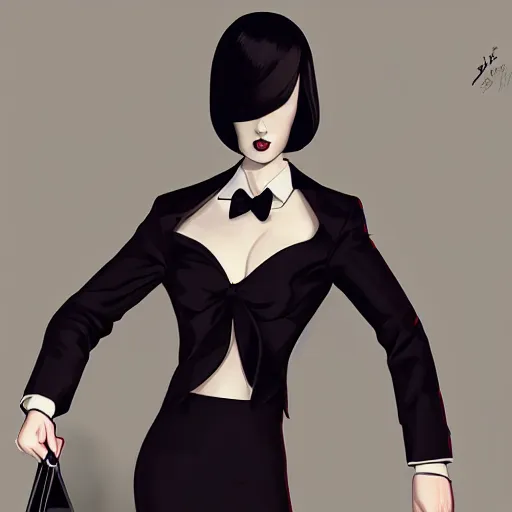 Prompt: slim girl in black tuxedo, corporate boss, luxury, 2d, ultra highly detailed, smooth, sharp focus, digital art, digital painting, fan art, elegant, artstation, by Ilya Kuvshinov