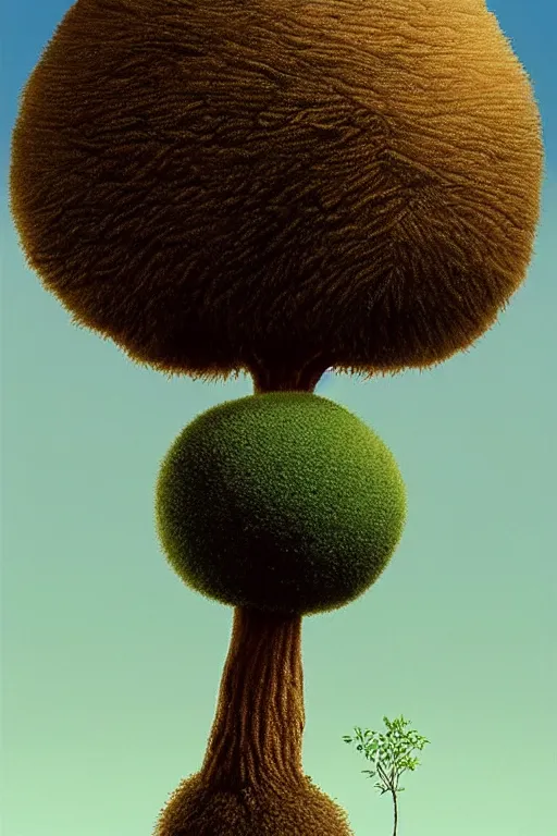 Image similar to an impossibly tall pompom tree with a slim trunk, viewed from below, ant perspective, digital illustration by chris van allsburg and artgerm, surreal, photorealistic