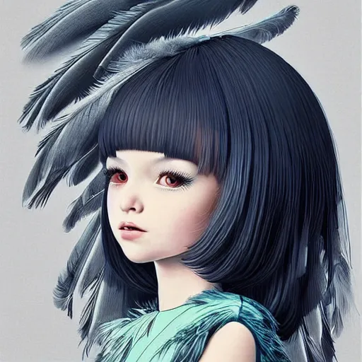 Image similar to little girl with an eccentric haircut wearing an dress made of feathers, artwork made by ilya kuvshinov