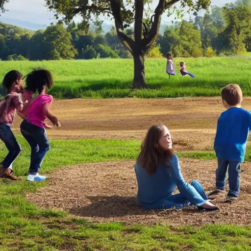 Image similar to A beautiful land art of a young woman surrounded by a group of children. The children are playing and laughing while the woman looks on with a smile. The background is a idyllic countryside scene with rolling hills and trees. steel by Amy Sillman earthy, extemporaneous