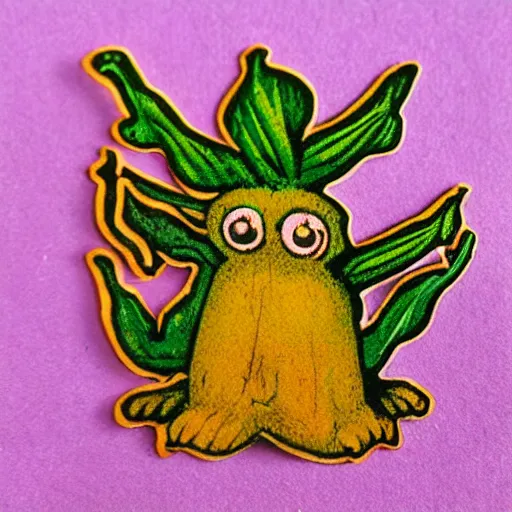 Image similar to cute colourful humanoid mandrake root with big eyes, from medieval herbarium sticker,