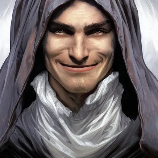 Image similar to character concept, portrait, symmetrical head - on centralized, laughing young man with dark cape. detailed, high quality, dynamic lightning, fantasy, scenematic. artwork by artgerm, wlop, alex ross, greg rutknowski, alphonse mucha