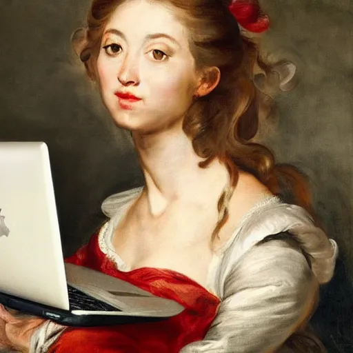 Prompt: heavenly summer sharp land sphere scallop well dressed lady working on her laptop auslese, by peter paul rubens and eugene delacroix and karol bak, hyperrealism, digital illustration, fauvist, looking at her imac laptop