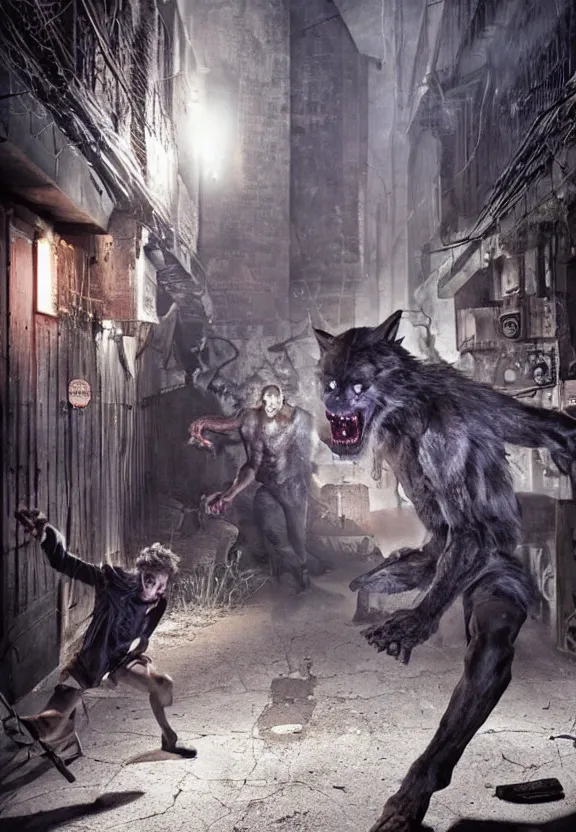 Image similar to a werewolf fighting a vampire in a dark brisbane alley, hd digital photography by gregory crewdson, hdr.