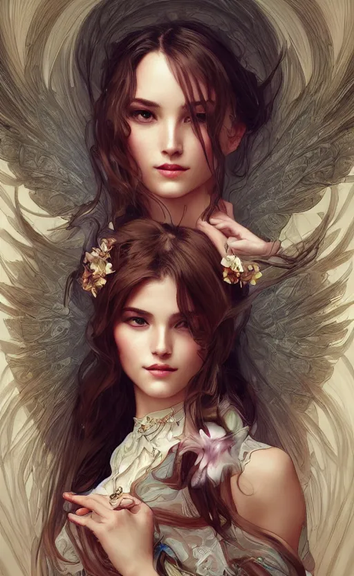 Prompt: a photograpic portrait of a pretty woman, angel, fantasy, intricate, elegant, highly detailed, digital painting, artstation, centered, concept art, smooth, sharp focus, arc, illustration, art by artgerm and alphonse mucha