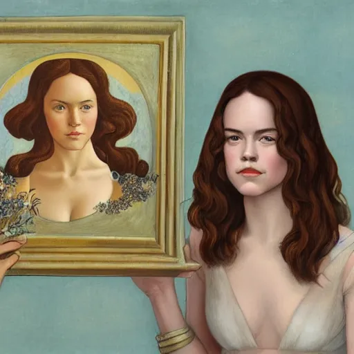 Image similar to botticelli painting of daisy ridley