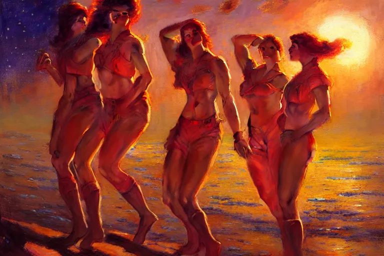 Image similar to stunning female astronauts, sunset, neon light, painting by gaston bussiere, craig mullins, j. c. leyendecker