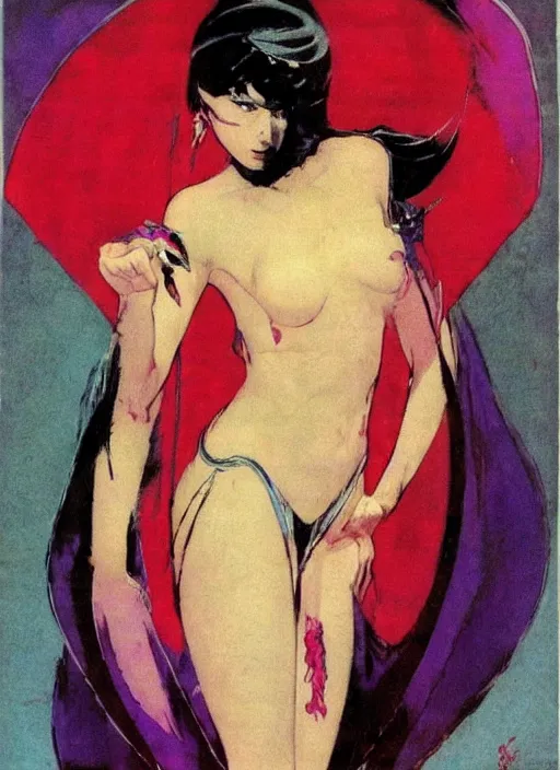 Image similar to svelt iranian korean vampiress, jeweled veil, strong line, saturated color, beautiful! coherent! by frank frazetta, high contrast, minimalism