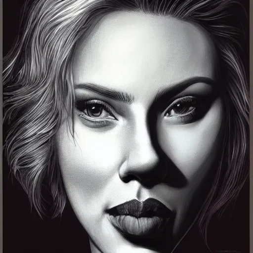 Image similar to funny caricature painting of scarlett johansson, closeup of face, exaggerated features, highly detailed, drawing by mahesh nambiar, sebastian kruger, archille superbi, carola rubio, artstation