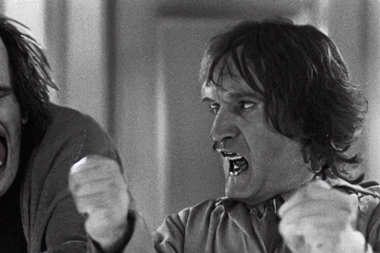 Prompt: Robin Williams as Jack Torrance shouting here’s Johnny The Shining 1980