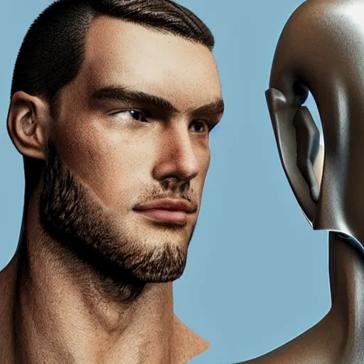 Image similar to a realistic detailed photo of a guy who is an attractive humanoid who is half robot and half humanoid, who is a male android, attractive and handsome soccer players, shiny skin, posing like a statue, blank stare, in a factory, on display, showing off his muscles, wearing soccer shorts, side view, looking at each other mindlessly