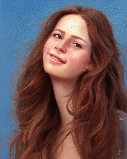 Prompt: a portrait of a cute woman, long brown hair, medium wavy hair, blue eyes, wearing a red sundress, button nose, round face, soft chin, soft facial features, chubby cheeks, very detailed digital art, sultry smile, happy expression, dynamic lighting, moody atmosphere, dark background, hyperrealistic portrait art by greg rutkowski