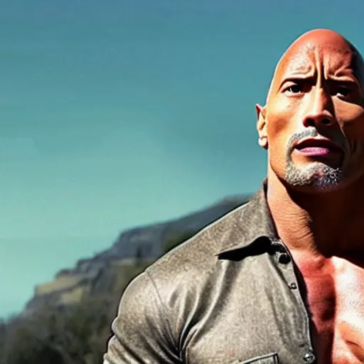 Image similar to film still , Dwayne Johnson as cowboy