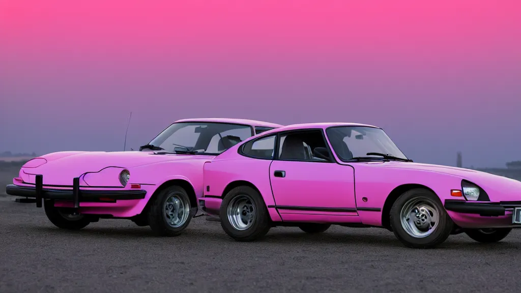 Prompt: neon synthwave 1 9 7 5 datsun 2 6 0 z at sunset, 8 k. filling most of the view