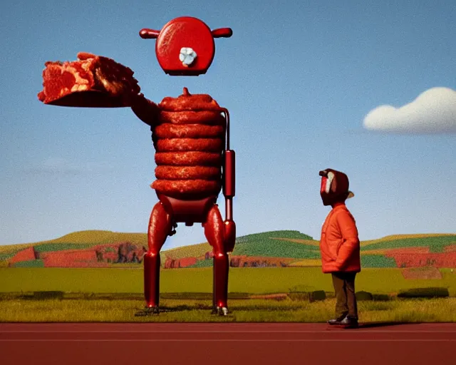 Image similar to Anthropomorphic Animatronic walking beef machine made of meat, painting by Grant Wood, 3D rendering by Beeple, directed by Wim Wenders, cinematography by Robby Müller