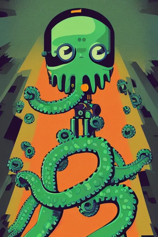 Prompt: a movie poster for the film (green octopus attacks robot) by Tom Whalen, highly detailed, fantasy, artstation