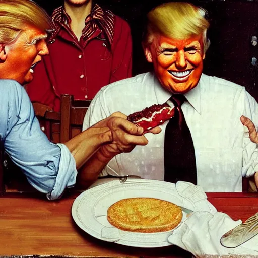 Prompt: donald trump eating a cream pie at a wooden table, he is smiling, artist norman rockwell,