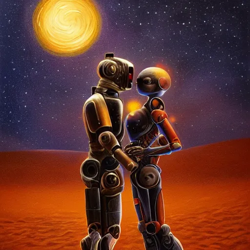 Prompt: close portrait of two lovers robots kissing against the backdrop of desert at the night for stories, highly detailed, highly intricate, oil painting, fantasy, artgerm