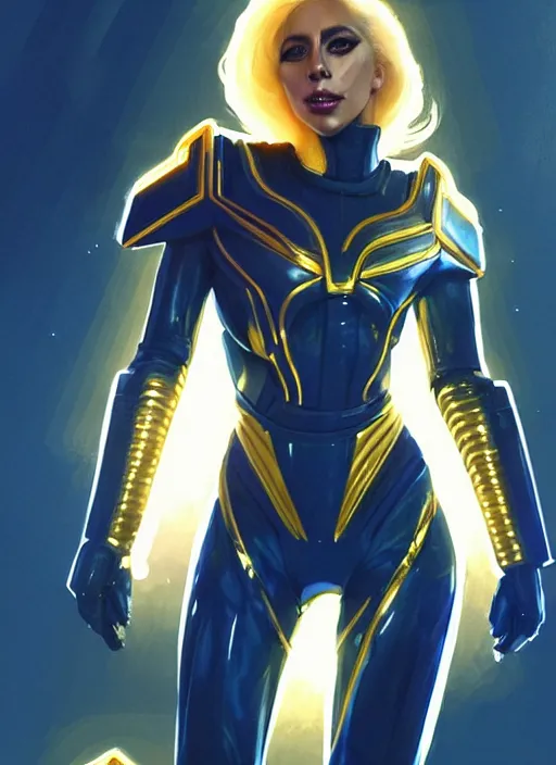 Prompt: lady gaga as nova corps officer, intricate, elegant, glowing lights, highly detailed, digital painting, artstation, glamor pose, concept art, smooth, sharp focus, illustration, art by artgerm and greg rutkowski, artey freytag