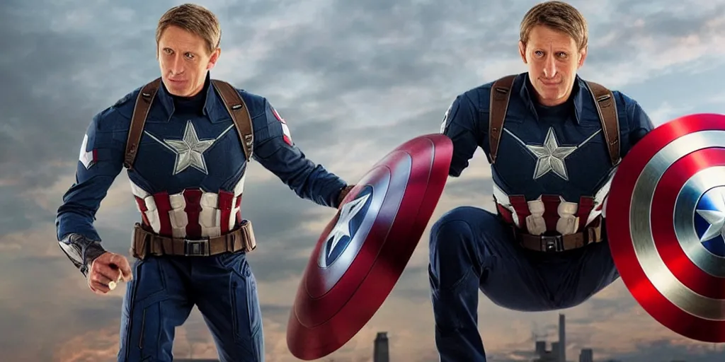 Image similar to “A still of Tony Hawk as Captain America in Marvel’s Avengers, high definition”