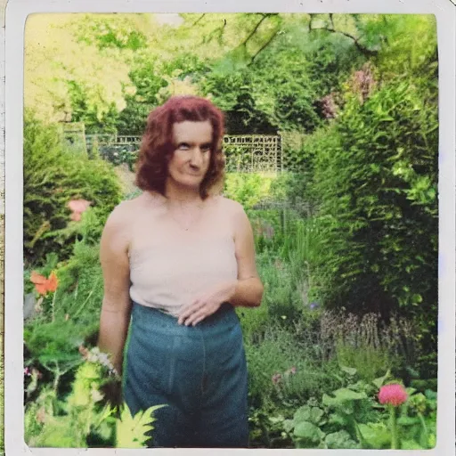 Prompt: woman and a blurry dark being standing in a french garden, bright summer day, washed out colors, polaroid