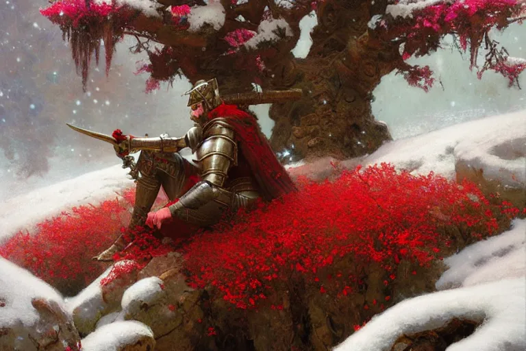 Image similar to winter, a male warrior wearing armor relaxing under a world tree with red flowers, ground covered with snow, extreme long shot, fantasy, painting by gaston bussiere, craig mullins, j. c. leyendecker, trending on artstation