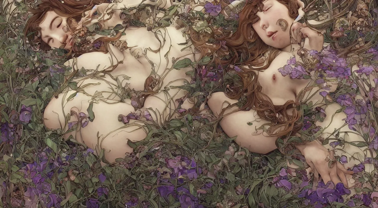 Image similar to a bio - mechanical pretty sleeping giant woman with mushrooms as camouflage, 4 k, ultra realistic, beautiful eyes!!, epic lighting, machines, high detail, masterpiece, trending on artstation by artgerm and akihito tsukushi!! and alphonse mucha, crayons!!!!!!!!!!!!!!!