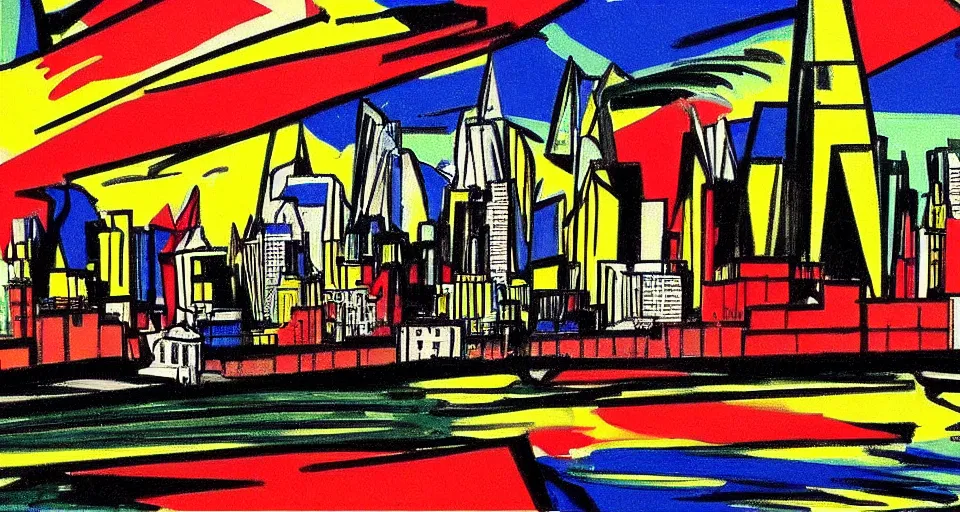 Image similar to color sketch of the london skyline, highly detailed, dramatic lighting, intense shadows, rich deep colours, by roy lichtenstein