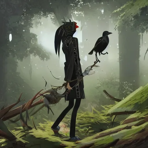 Image similar to concept art painting of an anthropomorphic crow person with steampunk clothes, in the deep forest, realistic, detailed, cel shaded, in the style of makoto shinkai and greg rutkowski and james gurney