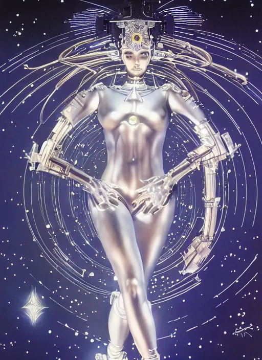 Image similar to Robotic beautiful Priestess posing in front of the stars by Hajime Sorayama and beksinksi, ultra detailed, dramatic lighting