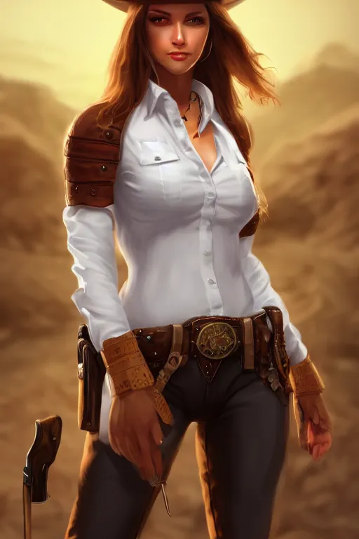 Image similar to full body, female cowgirl, perfect face, white blouse, empty gun holster, 8 k, magic the gathering, desert, d & d, artstation, high detail, smooth, muscular