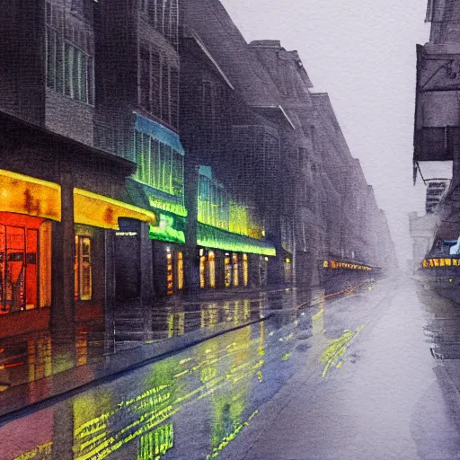 Image similar to A watercolor of an empty Wukang Road in Shanghai, a rainy street with cloudy overcast sky, poignant, high contrast of light and dark, smooth, by Joseph Zbikowicz, 8k