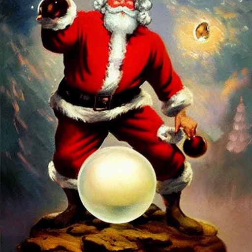 Prompt: an ultra - realistic oil painting of santa claus holding a snowglobe in the style of frank frazetta. 4 k. ultra - realistic. highly detailed. dark fantasy. epic lighting.