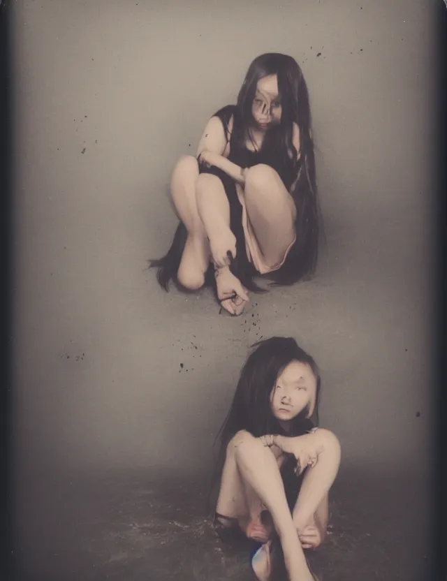 Image similar to polaroid photo with flash, girl sitting on a bad, heavy make up, grunge style, asian, polaroid photo bleached strong lights, kodak film stock, hyper real, stunning moody cinematography, with anamorphic lenses, by maripol, detailed