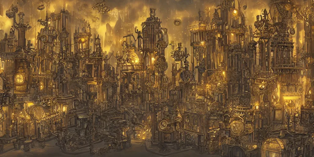 Image similar to a golden steampunk city in the style of arcane